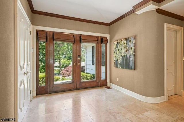 82 Mohawk Rd, Millburn Twp, NJ 07078 - entryway featuring ornamental molding, french doors, and tile patterned flooring