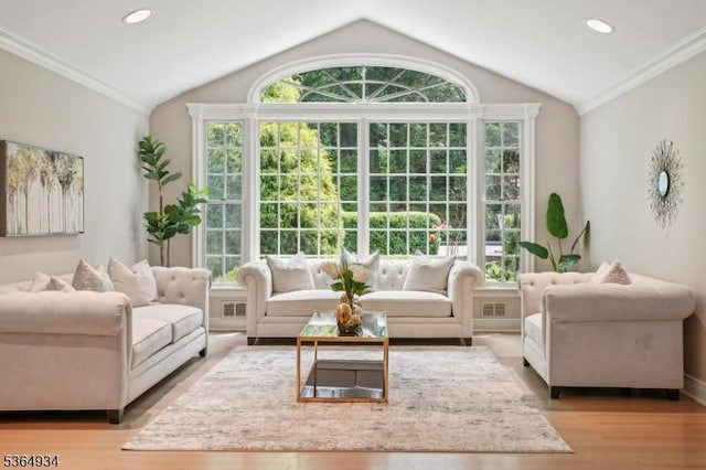 82 Mohawk Rd, Millburn Twp, NJ 07078 - living room featuring lofted ceiling, light wood finished floors, ornamental molding, and recessed lighting