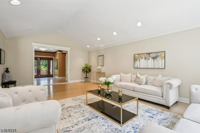 82 Mohawk Rd, Millburn Twp, NJ 07078 - living room with wood finished floors, recessed lighting, vaulted ceiling, and ornamental molding