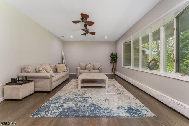 25 Old Turnpike Rd, Washington Twp, NJ 07865 - living room featuring ceiling fan, wood finished floors, a baseboard radiator, and recessed lighting