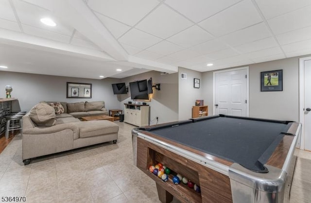 25 Old Turnpike Rd, Washington Twp, NJ 07865 - game room featuring recessed lighting, light tile patterned flooring, pool table, and a paneled ceiling