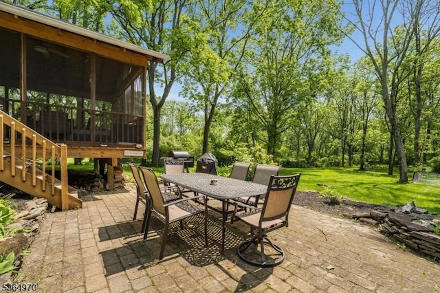 25 Old Turnpike Rd, Washington Twp, NJ 07865 - view of patio with a sunroom, outdoor dining area, stairs, and grilling area