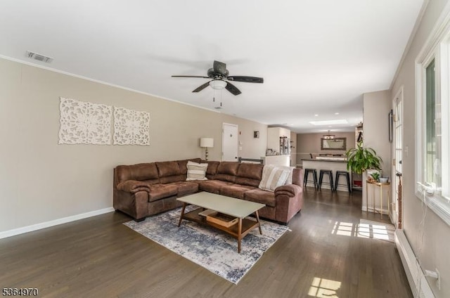 25 Old Turnpike Rd, Washington Twp, NJ 07865 - living room featuring wood finished floors, a ceiling fan, and ornamental molding