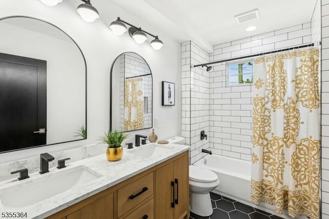 944 Orange Ave, Cranford Twp, NJ 07016 - bathroom with double vanity, shower / bathtub combination with curtain, and tile patterned flooring