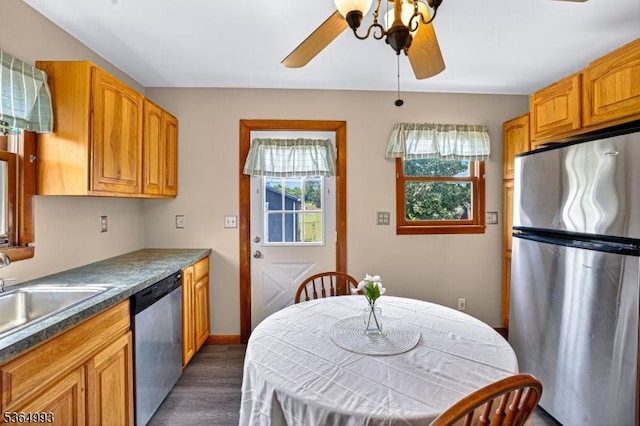 1033 Huff Ave, Manville Boro, NJ 08835 - kitchen with appliances with stainless steel finishes, ceiling fan, and dark wood-style floors