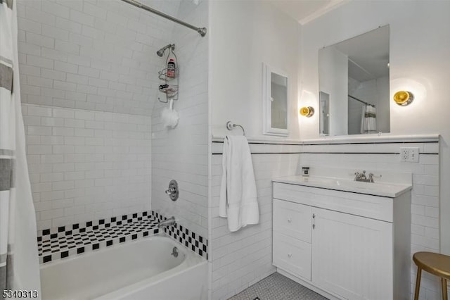 62 Mountain Ave, Summit City, NJ 07901 - bathroom with shower / bathtub combination with curtain, vanity, tile walls, and tile patterned floors
