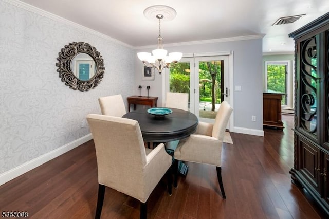 16 Forest Dr, Hampton Twp, NJ 07860 - dining area featuring a chandelier, dark wood-style floors, crown molding, and wallpapered walls