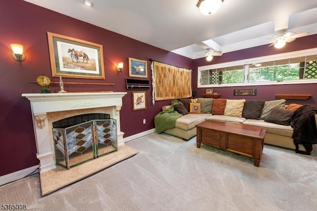 16 Forest Dr, Hampton Twp, NJ 07860 - carpeted living area featuring a ceiling fan and a fireplace with raised hearth