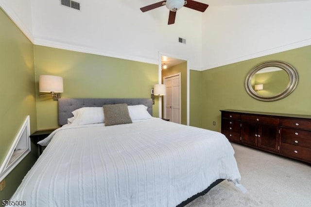 16 Forest Dr, Hampton Twp, NJ 07860 - bedroom featuring light carpet, a ceiling fan, crown molding, and high vaulted ceiling