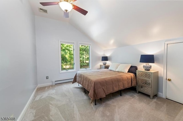 16 Forest Dr, Hampton Twp, NJ 07860 - bedroom featuring a baseboard heating unit, light colored carpet, vaulted ceiling, and ceiling fan