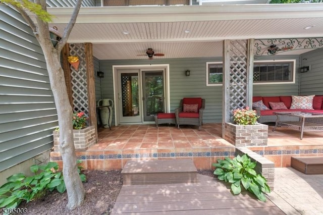 16 Forest Dr, Hampton Twp, NJ 07860 - entrance to property with an outdoor hangout area, a ceiling fan, and a patio area
