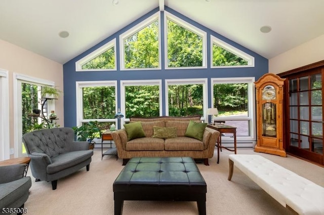 16 Forest Dr, Hampton Twp, NJ 07860 - sunroom with carpet, high vaulted ceiling, and a baseboard heating unit
