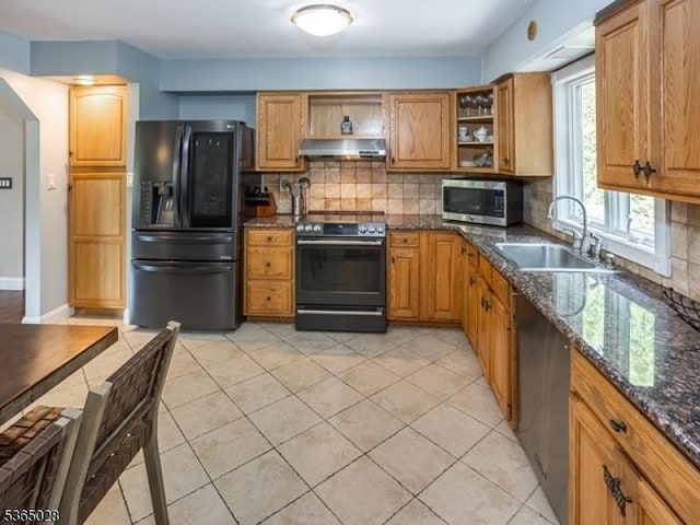16 Seneca Trl, Randolph Twp, NJ 07869 - kitchen with electric stove, black refrigerator with ice dispenser, under cabinet range hood, stainless steel microwave, and open shelves