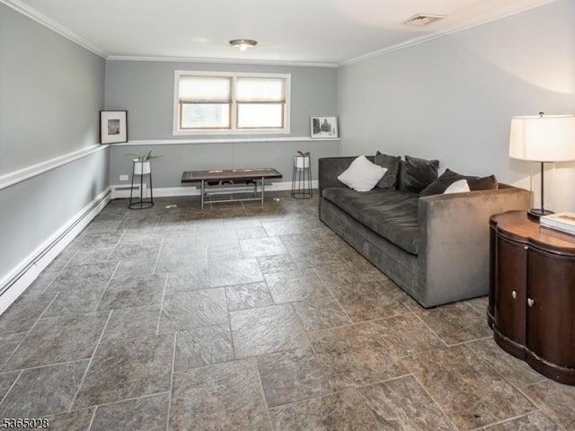 16 Seneca Trl, Randolph Twp, NJ 07869 - living room with crown molding, dark stone finish flooring, and a baseboard heating unit