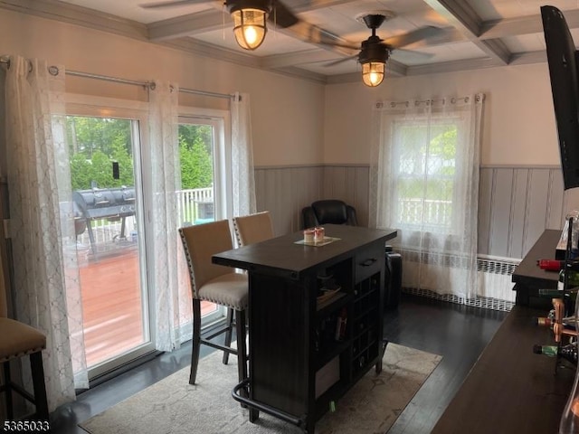355 Manchester Ave, North Haledon Boro, NJ 07508 - dining area featuring a ceiling fan, coffered ceiling, wood finished floors, a wainscoted wall, and beam ceiling