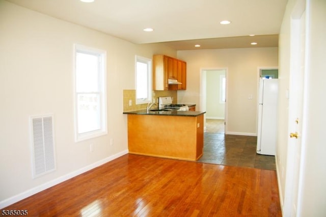 229 2nd Ave, Garwood Boro, NJ 07027 - kitchen with freestanding refrigerator, under cabinet range hood, dark countertops, a peninsula, and tasteful backsplash