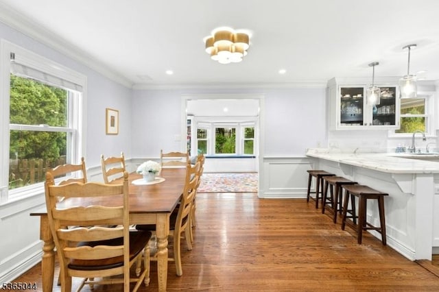 849 Bradford Ave, Westfield Town, NJ 07090 - dining space with wood finished floors, crown molding, recessed lighting, and wainscoting