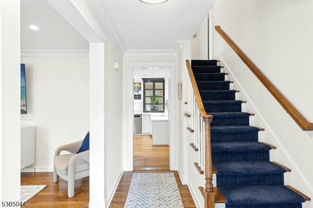 849 Bradford Ave, Westfield Town, NJ 07090 - stairway featuring wood finished floors and crown molding