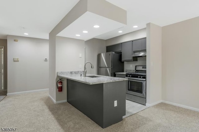 44 Sam Bonnell Dr, Union Twp, NJ 08809 - kitchen with appliances with stainless steel finishes, under cabinet range hood, light carpet, a peninsula, and light stone countertops