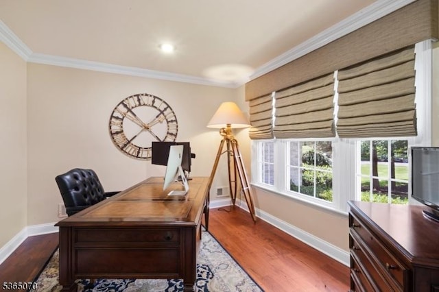 3310 Round Hill Rd, Branchburg Twp, NJ 08876 - home office featuring dark wood finished floors and ornamental molding