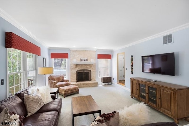 3310 Round Hill Rd, Branchburg Twp, NJ 08876 - living room with ornamental molding, light carpet, and a brick fireplace