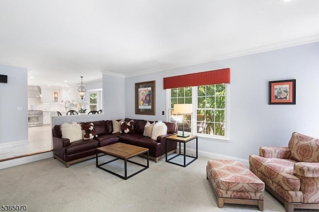 3310 Round Hill Rd, Branchburg Twp, NJ 08876 - living room with light colored carpet, ornamental molding, and recessed lighting