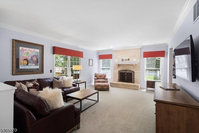 3310 Round Hill Rd, Branchburg Twp, NJ 08876 - carpeted living room with ornamental molding and a fireplace
