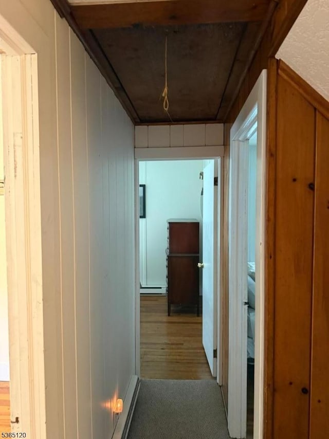 142 Lakeside Dr, Liberty Twp, NJ 07823 - hallway with carpet flooring, a baseboard heating unit, and wood finished floors