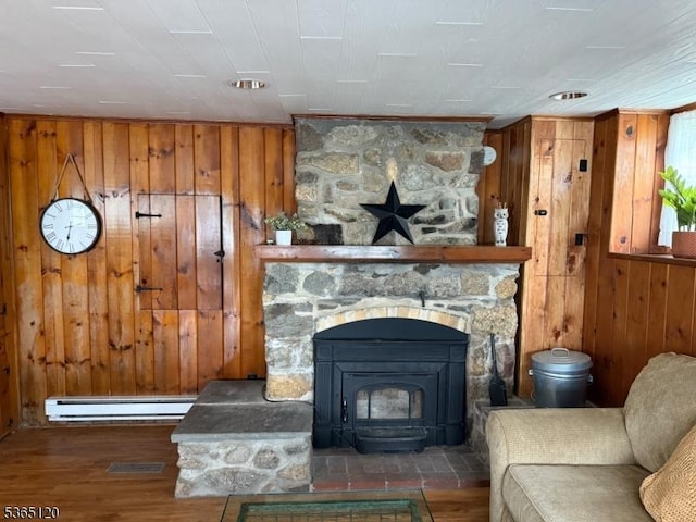 142 Lakeside Dr, Liberty Twp, NJ 07823 - living area with baseboard heating, wood walls, wood finished floors, and a wood stove