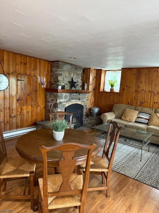 142 Lakeside Dr, Liberty Twp, NJ 07823 - living area with baseboard heating, wood walls, wood finished floors, and a fireplace