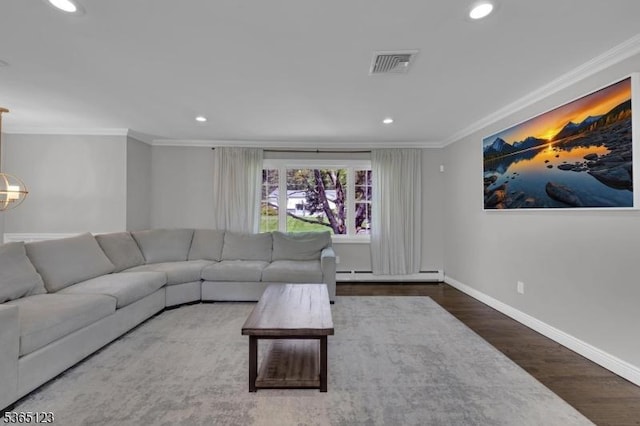26 Robert St, Mount Olive Twp, NJ 07836 - living area with crown molding, baseboard heating, wood finished floors, and recessed lighting