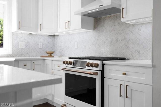 26 Robert St, Mount Olive Twp, NJ 07836 - kitchen with range with gas stovetop, under cabinet range hood, decorative backsplash, white cabinets, and light countertops