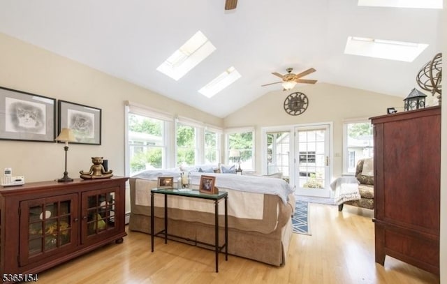 425 Broadway, Pompton Lakes Boro, NJ 07442 - bedroom featuring a skylight, access to outside, light wood-style floors, vaulted ceiling, and a ceiling fan