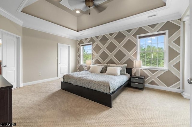 6 Cope Ct, Hillsborough Twp, NJ 08844 - bedroom featuring carpet, a tray ceiling, multiple windows, ornamental molding, and ceiling fan
