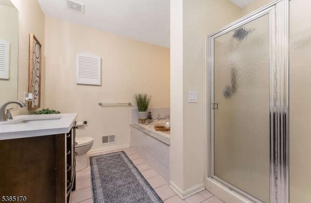 149 Wingate Dr, Independence Twp, NJ 07840 - bathroom with vanity, a shower stall, a garden tub, and tile patterned floors