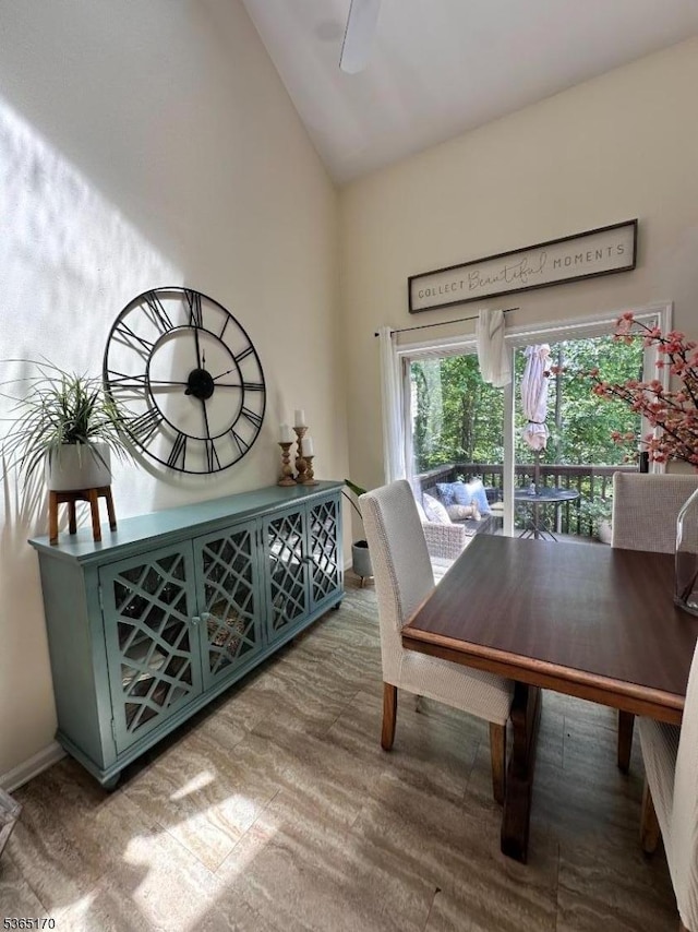 149 Wingate Dr, Independence Twp, NJ 07840 - dining space featuring wood finished floors, ceiling fan, and high vaulted ceiling