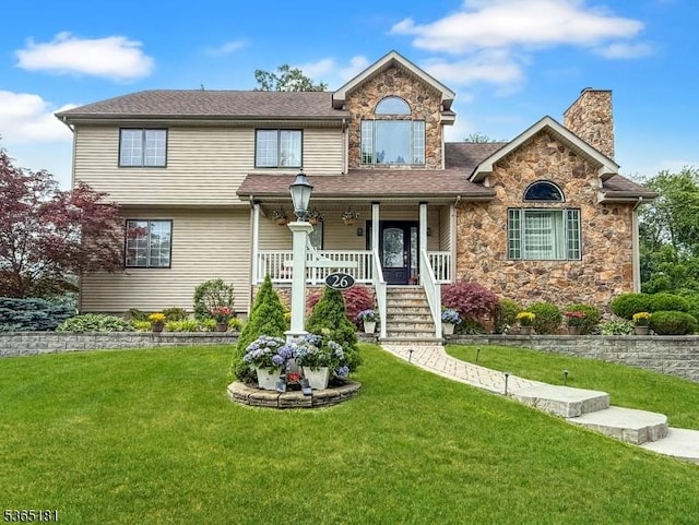 26 Knollwood Rd, Hanover Twp, NJ 07981 - traditional-style home featuring a porch, stone siding, a front yard, and a chimney