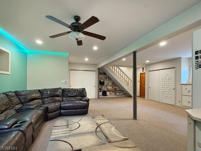 26 Knollwood Rd, Hanover Twp, NJ 07981 - carpeted living room with stairs, recessed lighting, and ceiling fan