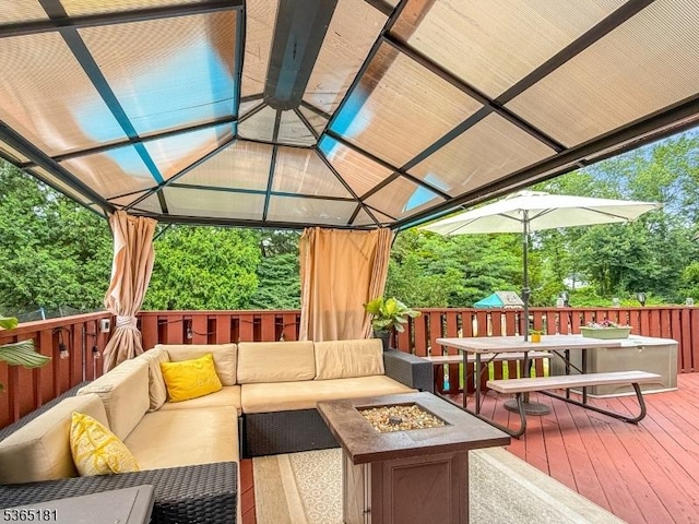 26 Knollwood Rd, Hanover Twp, NJ 07981 - wooden terrace featuring an outdoor living space with a fire pit, a gazebo, and outdoor dining area