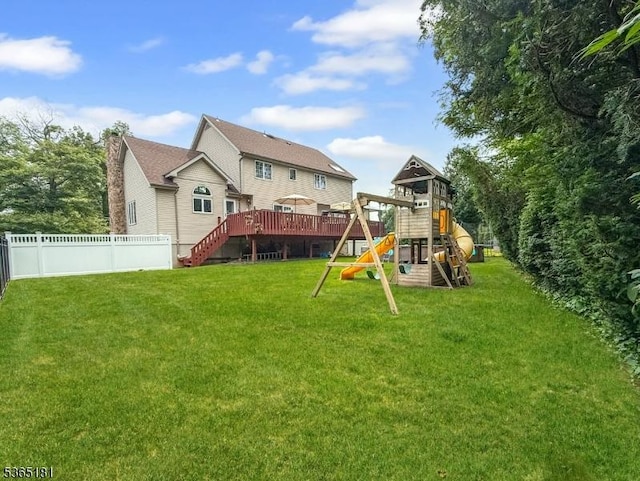 26 Knollwood Rd, Hanover Twp, NJ 07981 - back of house with a playground, a deck, and stairs