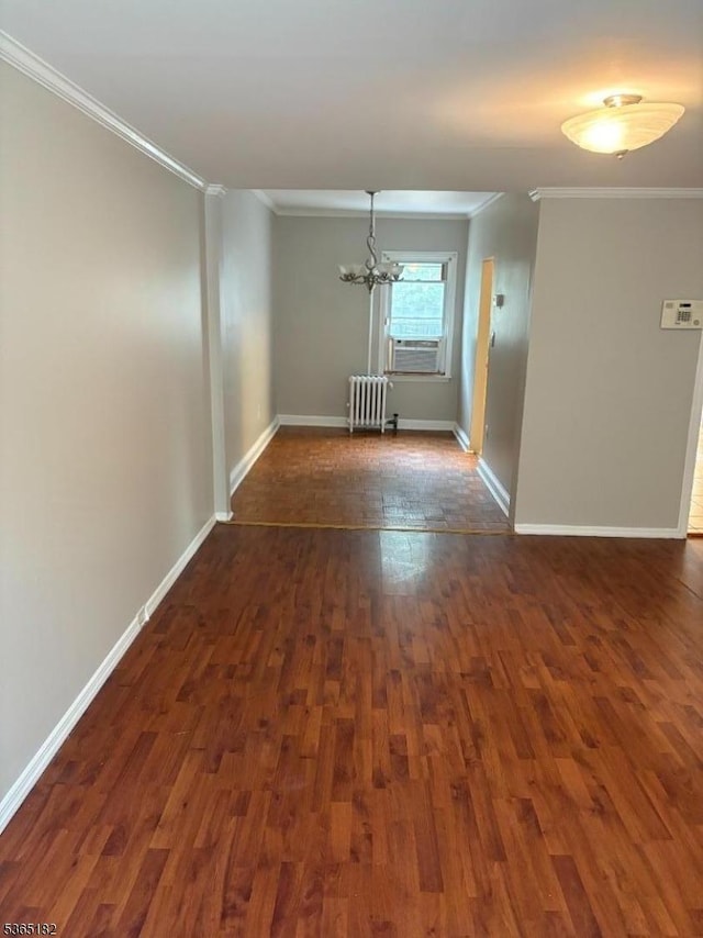 552 Liberty St, City Of Orange Twp, NJ 07050 - empty room with crown molding, radiator, a chandelier, dark wood-style floors, and cooling unit