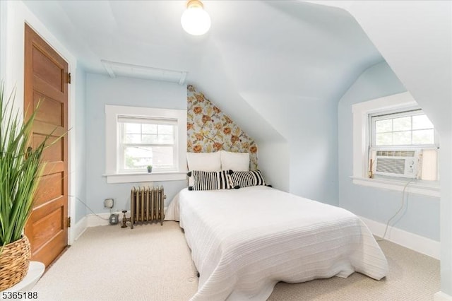 35 Elm Ct, South Orange Village Twp, NJ 07079 - carpeted bedroom featuring radiator, vaulted ceiling, multiple windows, and cooling unit