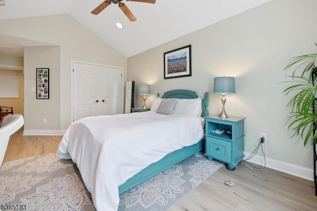 9 Mahogany Way, Randolph Twp, NJ 07869 - bedroom featuring light wood finished floors, a closet, vaulted ceiling, and ceiling fan