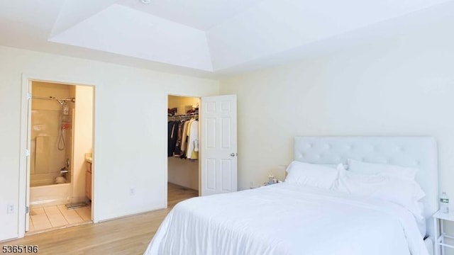228 Windmill Ct, Lopatcong Twp, NJ 08865 - bedroom with light wood-style flooring, a tray ceiling, a spacious closet, a closet, and ensuite bathroom