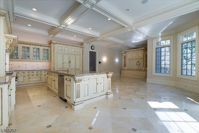 11 Margo Way, Alpine Boro, NJ 07620 - kitchen with cream cabinetry, beamed ceiling, coffered ceiling, decorative backsplash, and glass insert cabinets
