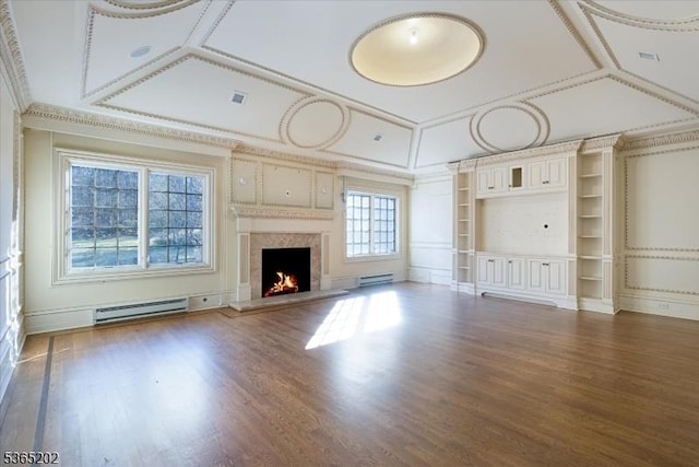 11 Margo Way, Alpine Boro, NJ 07620 - unfurnished living room with baseboard heating, wood finished floors, built in shelves, a premium fireplace, and crown molding