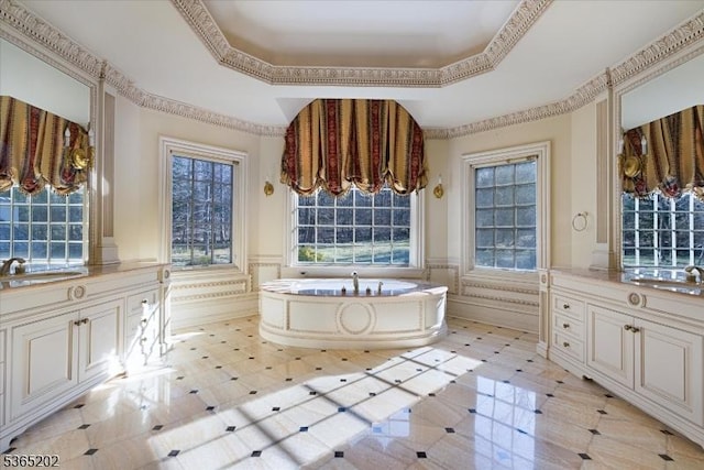 11 Margo Way, Alpine Boro, NJ 07620 - bathroom with a wainscoted wall, a bath, a tray ceiling, and vanity