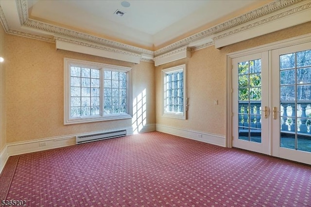 11 Margo Way, Alpine Boro, NJ 07620 - empty room with a baseboard heating unit, carpet, healthy amount of natural light, french doors, and ornamental molding