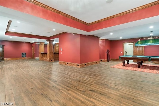 11 Margo Way, Alpine Boro, NJ 07620 - game room featuring a raised ceiling, crown molding, wood finished floors, pool table, and recessed lighting
