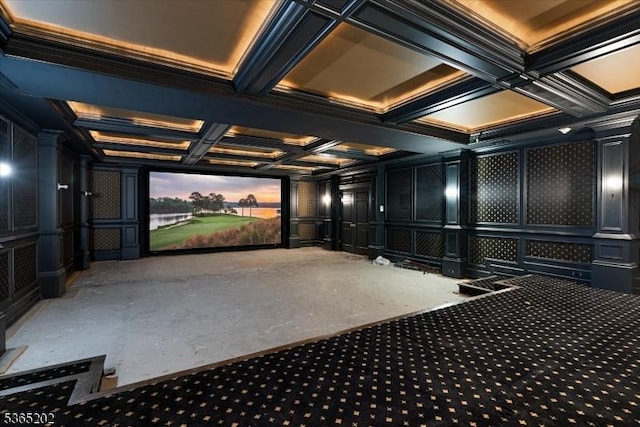 11 Margo Way, Alpine Boro, NJ 07620 - carpeted cinema with a decorative wall, coffered ceiling, and beamed ceiling